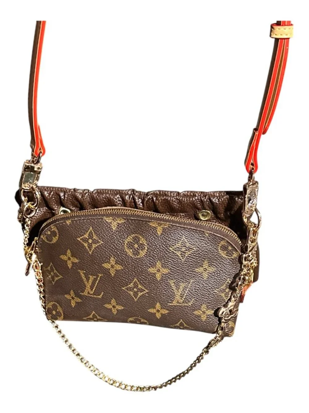 Authentic Louis Vuitton Brown Monogram Cosmetic Pouch-Converted-Crossbody Bag.